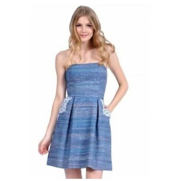 PHOEBE COUTURE Blue purple Striped Silk Blend Strapless Embroidered Dress sz 4 - Picture 1 of 12